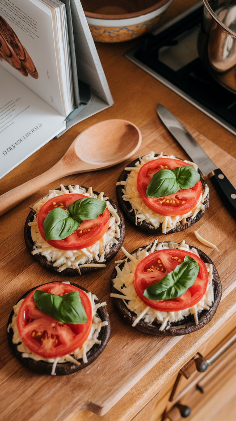 grilled portobello mushroom pizzas with tomatoes and basil