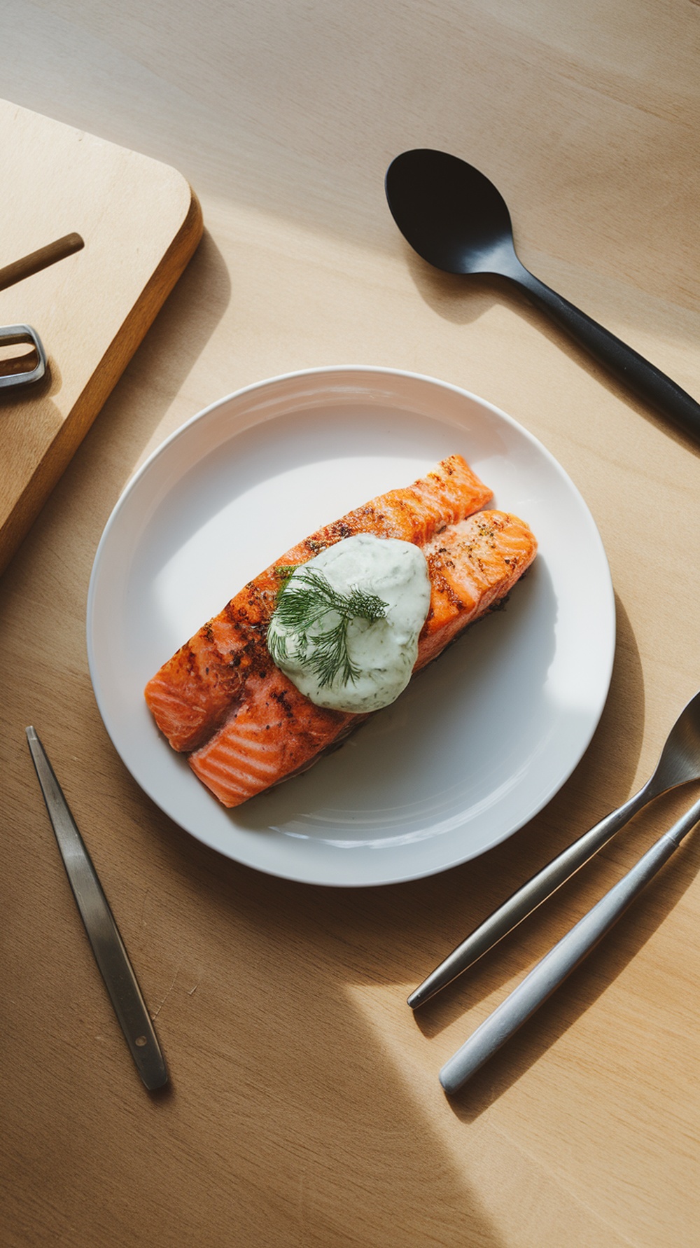 Grilled salmon topped with wasabi dill yogurt sauce on a white plate.