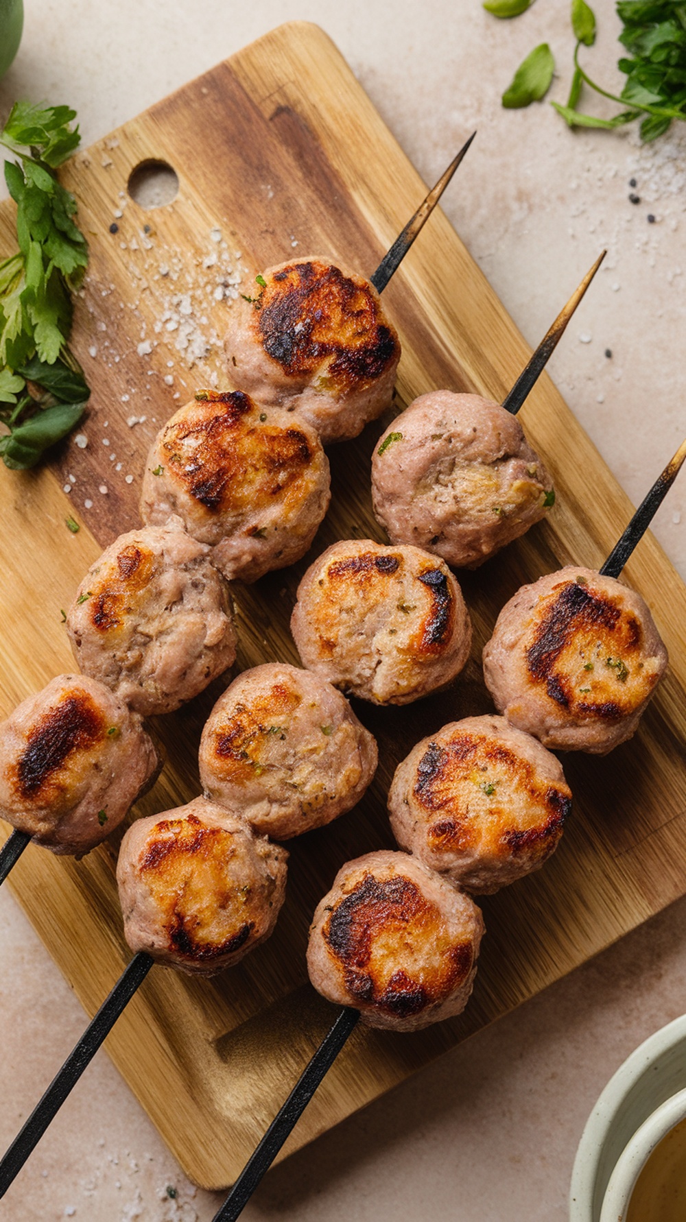 Delicious grilled meatballs on skewers
