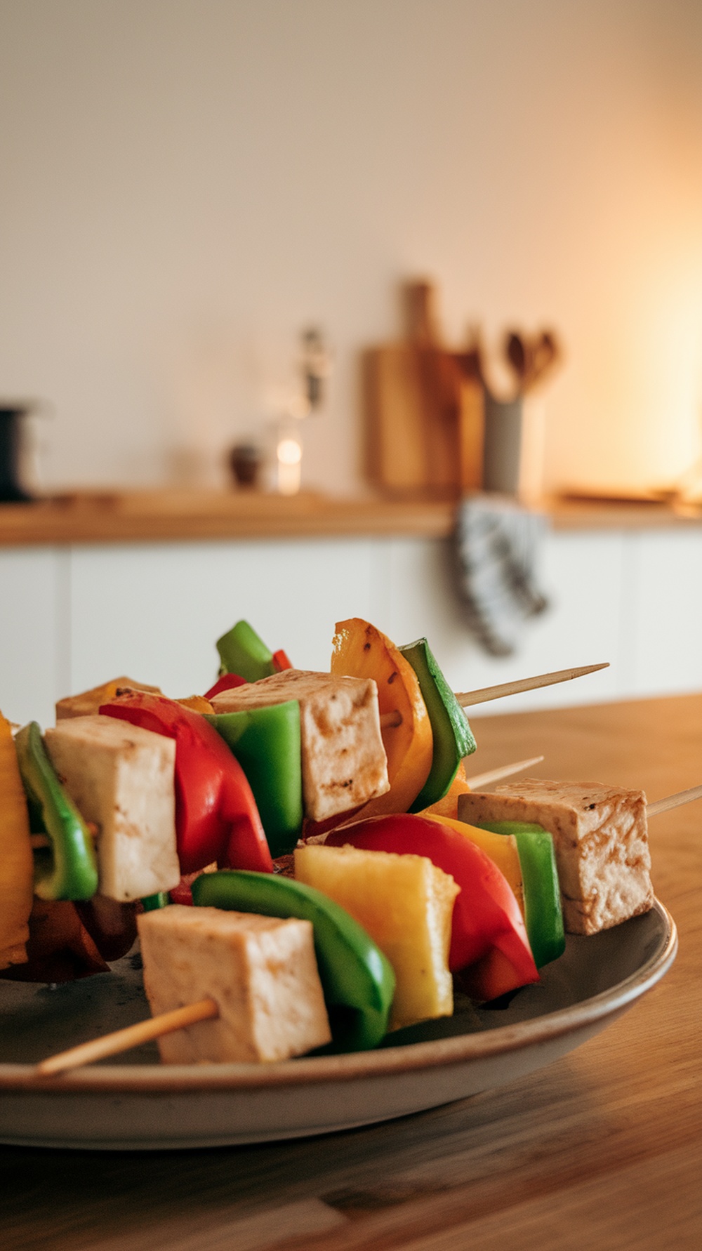 Plate of grilled tofu skewers with pineapple and bell peppers