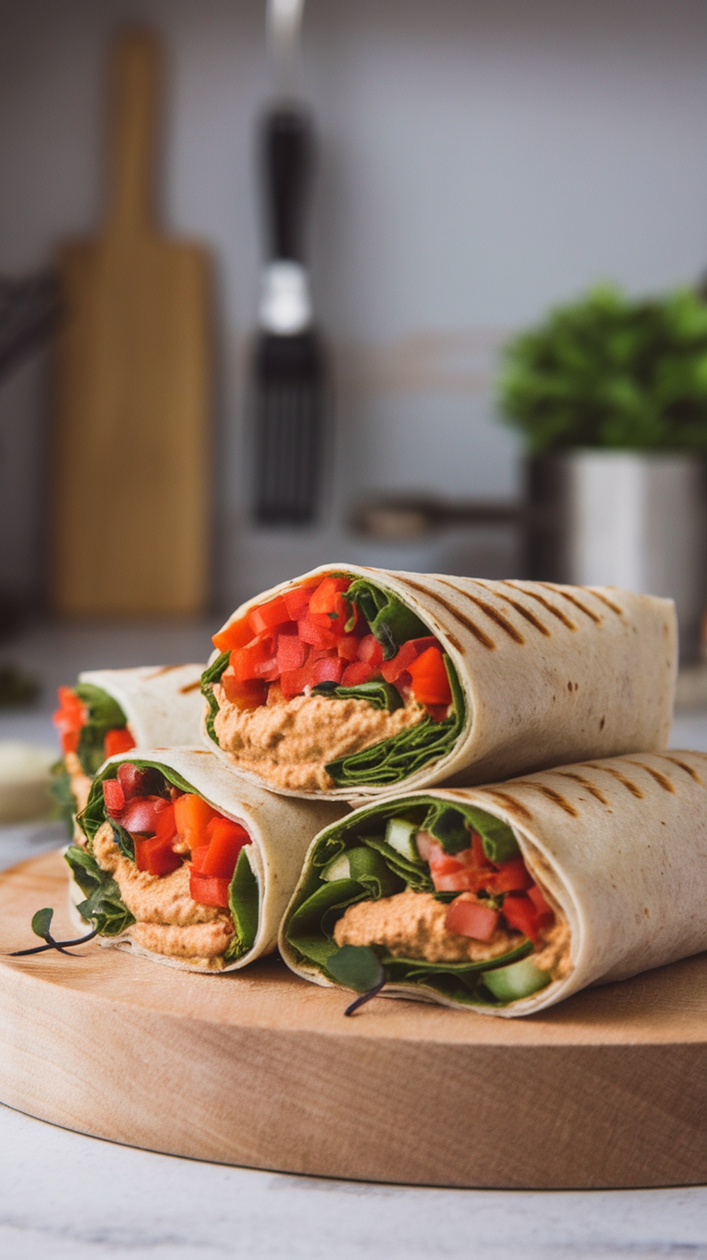 Three grilled veggie and hummus wraps on a wooden board.
