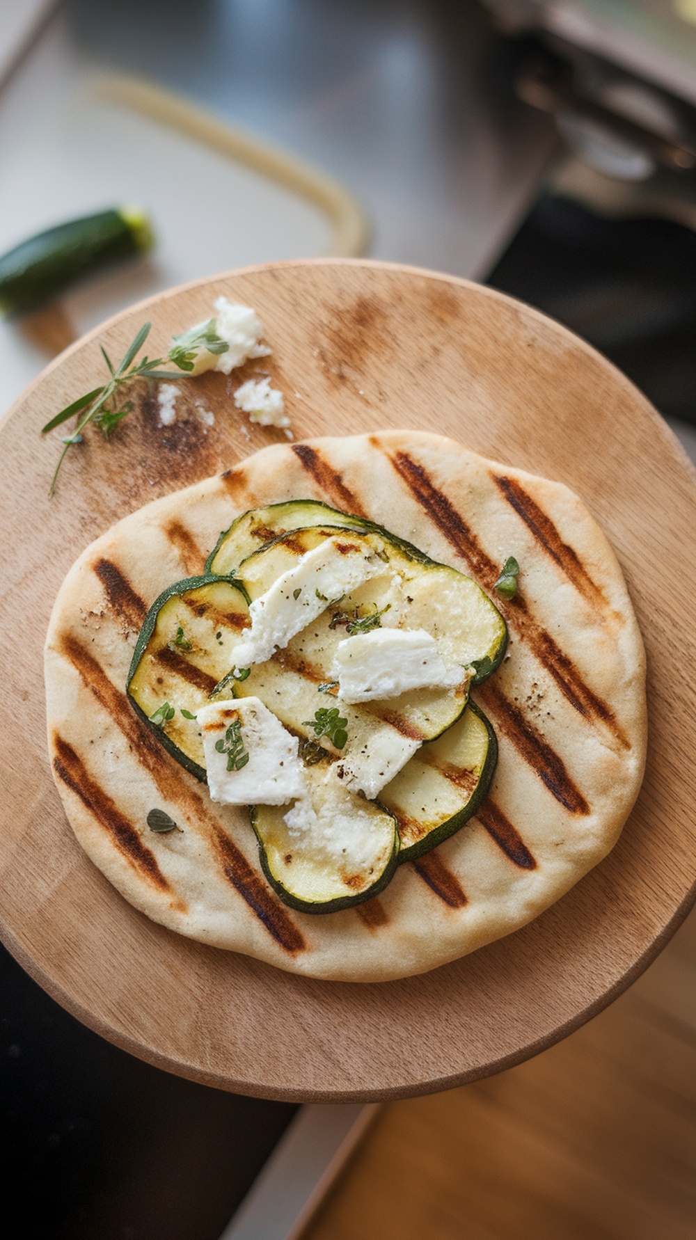 Grilled zucchini and feta flatbread on a wooden board