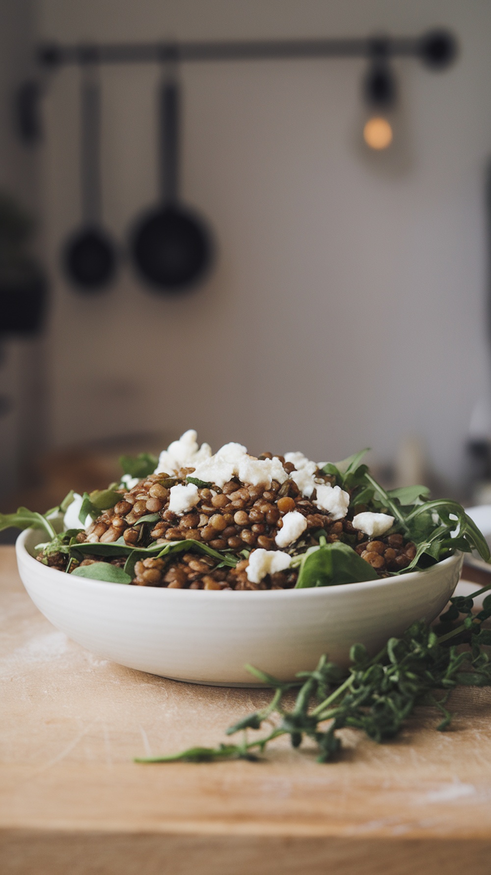 A bowl of lentil and arugula salad topped with goat cheese