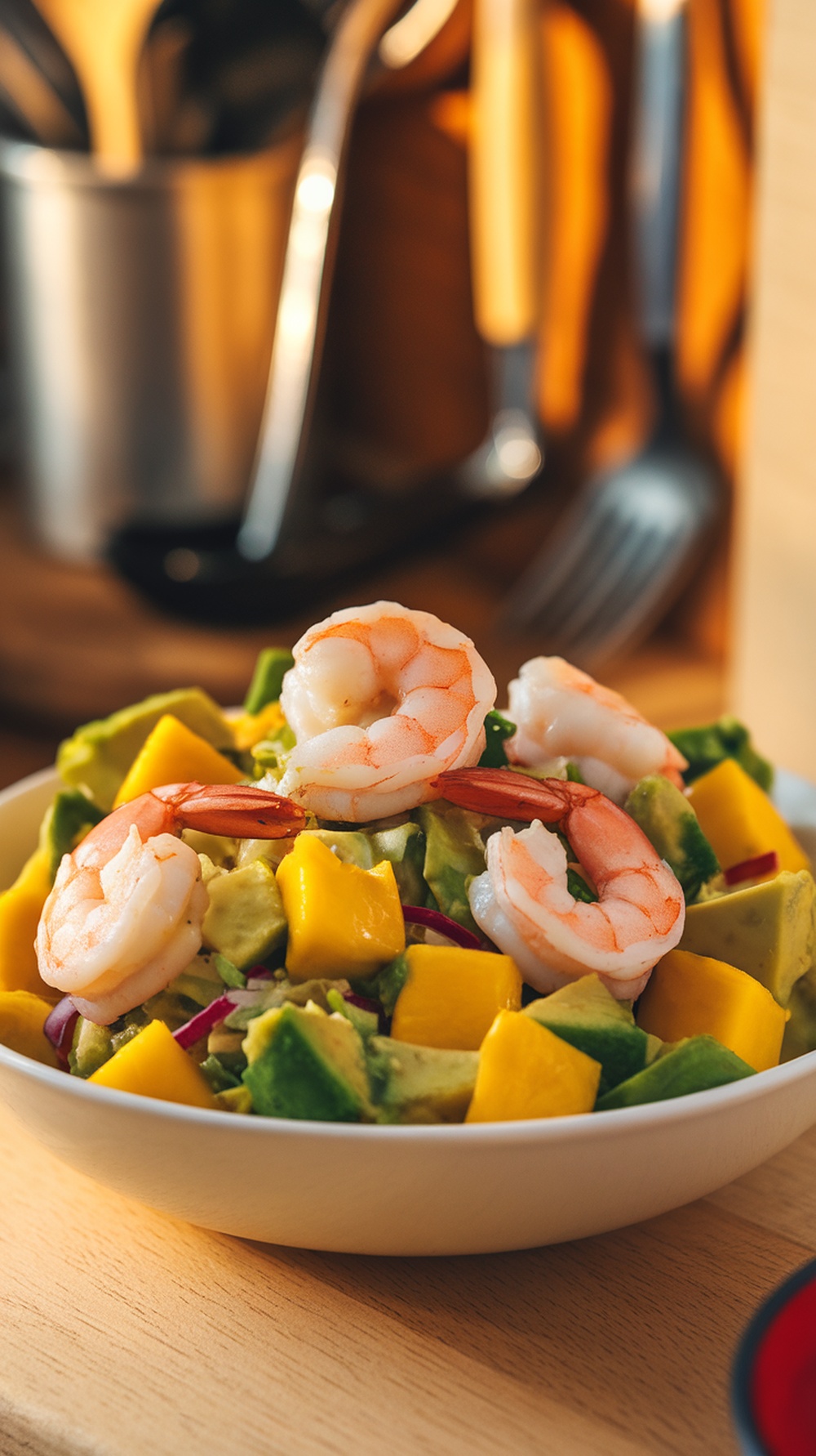 A colorful mango avocado shrimp salad in a white bowl.