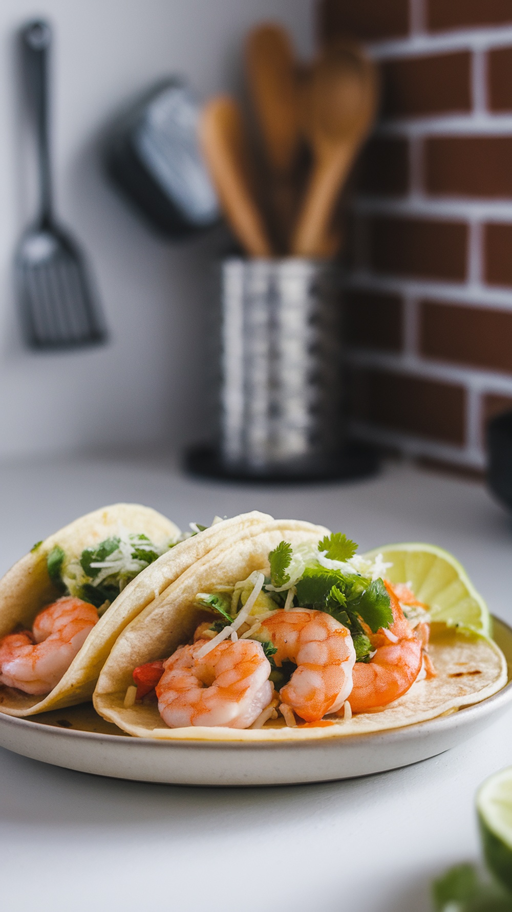 A plate of shrimp tacos topped with cilantro and lime slices.