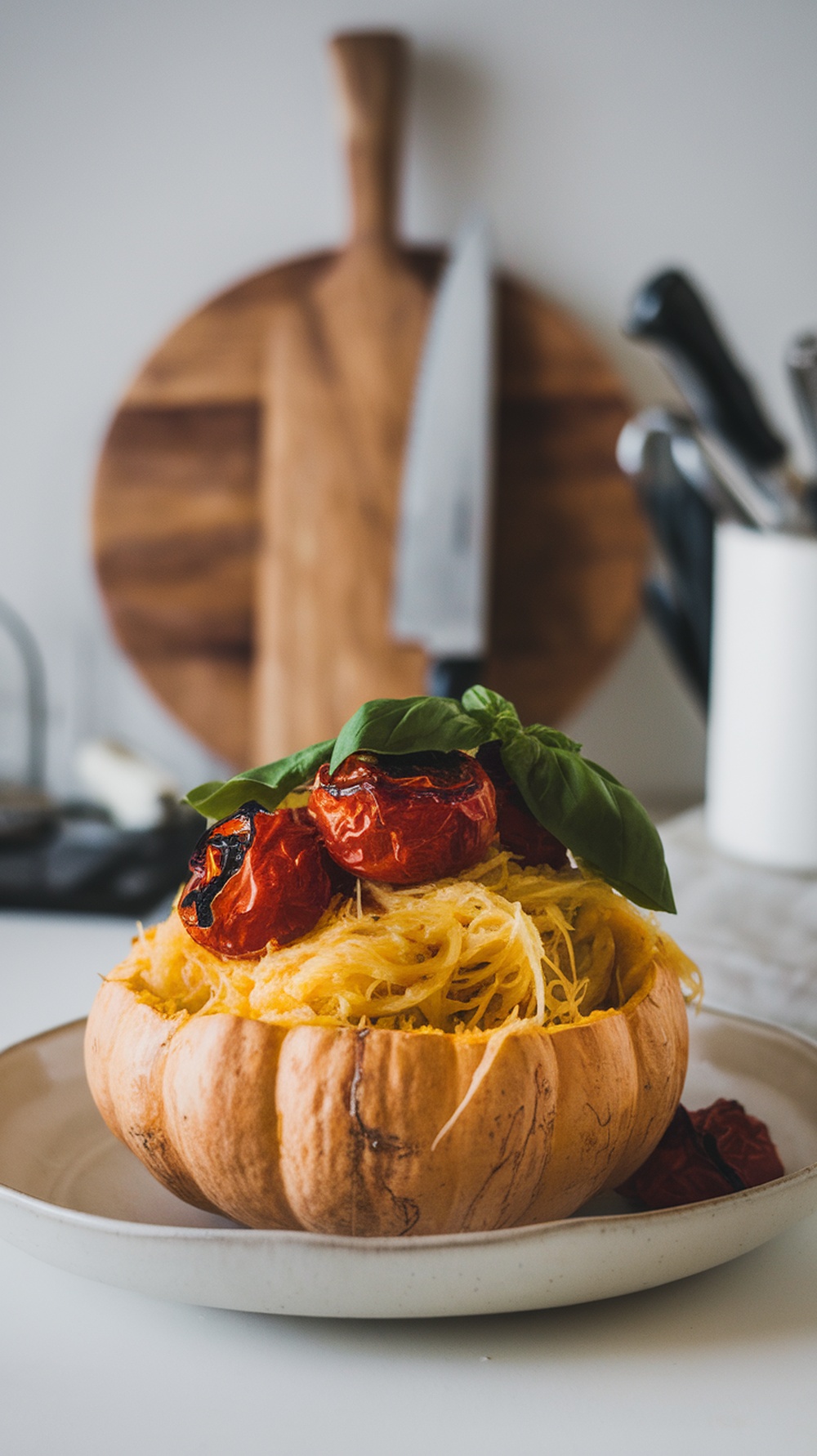 A plate of spaghetti squash topped with roasted tomatoes and fresh basil.