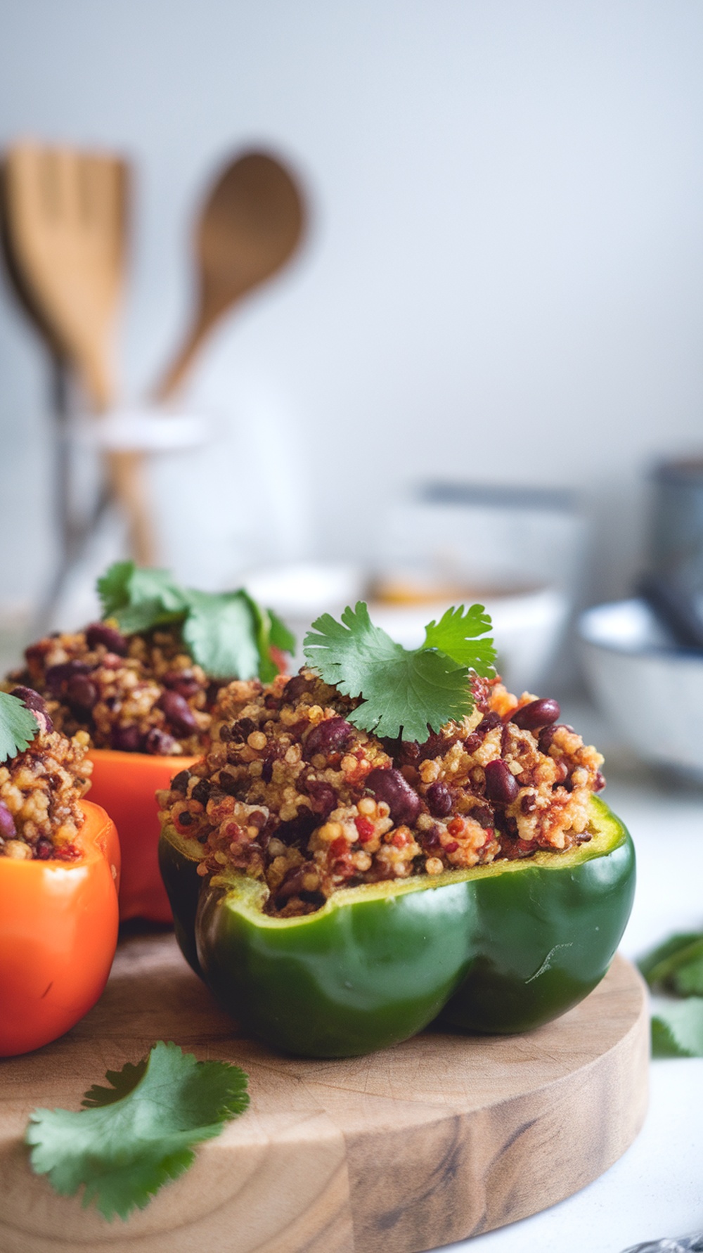 Stuffed bell peppers filled with quinoa and black beans, garnished with cilantro.