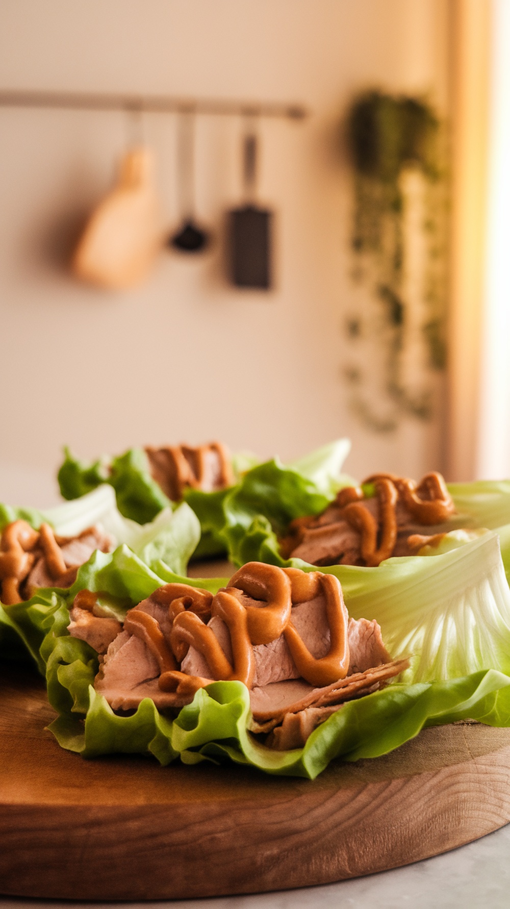 Turkey lettuce wraps topped with peanut sauce
