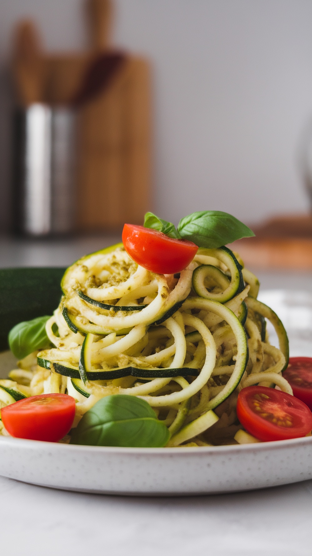 A plate of zucchini noodles topped with pesto and cherry tomatoes, garnished with basil.