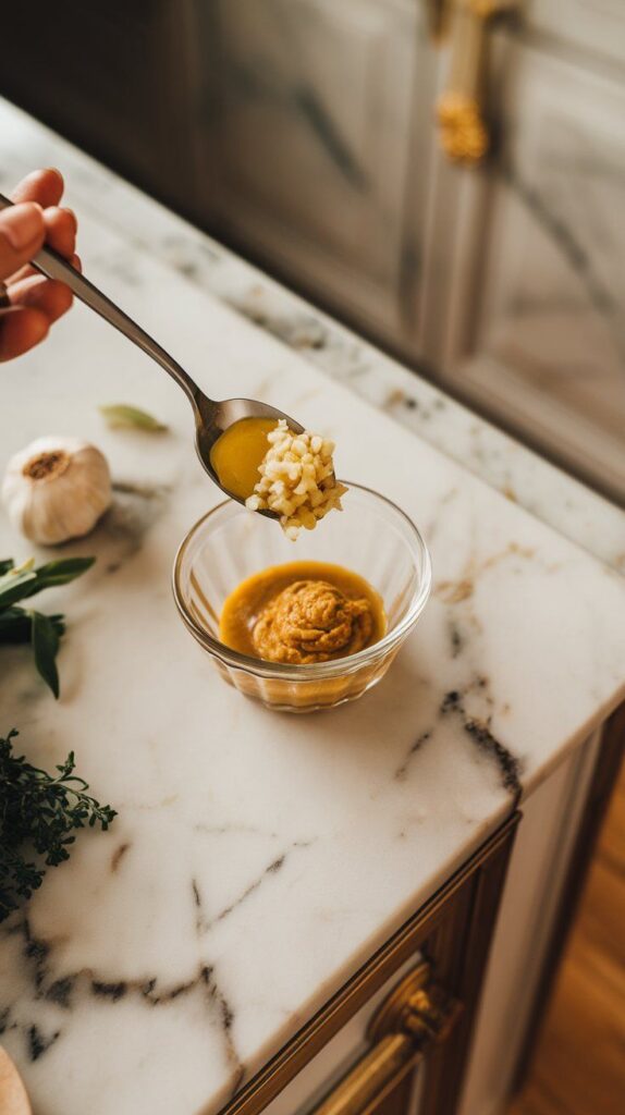 minced garlic and Dijon mustard being spooned into a small glass bowl, side by side. White marble counters with hints of gold