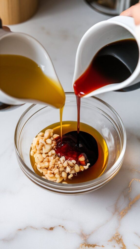 olive oil, soy sauce, and apple cider vinegar being poured into the bowl over the garlic and mustard, forming a rich, layered base.