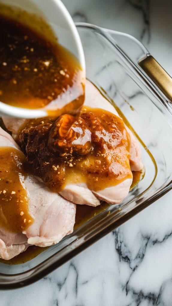 marinade being poured over chicken breasts in a glass dish, with the mixture coating the meat evenly.