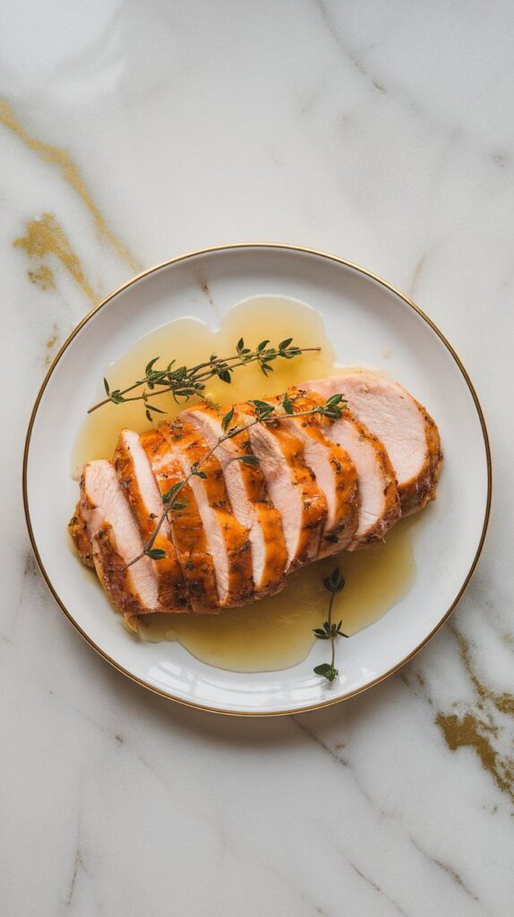 sliced chicken breast drizzled with apple cider glaze, garnished with fresh thyme.