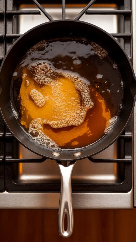 apple cider, Dijon mustard, and brown sugar simmering in a skillet into a glossy glaze.