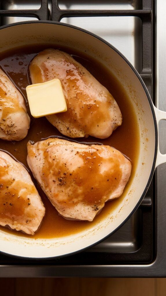 a pat of butter melting into the thick apple cider glaze in the skillet, with chicken breasts coated and glossy