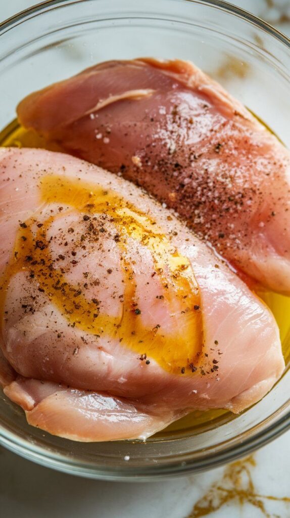 raw chicken breasts being rubbed with olive oil and seasoned with salt and pepper
