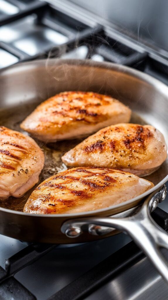 chicken breasts sizzling in a skillet with golden sear marks forming and a bit of steam rising.