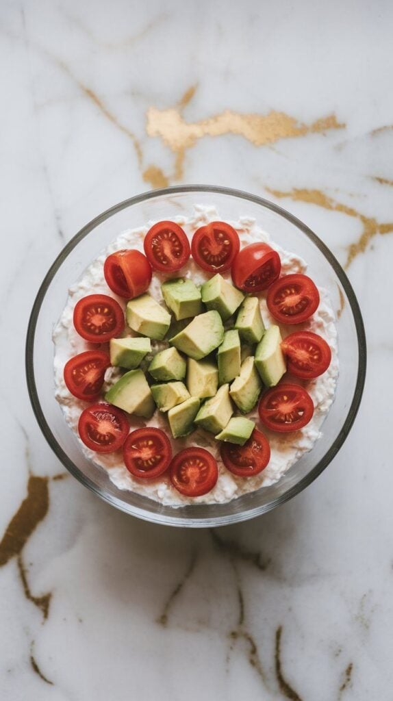 avocado chunks and cherry tomatoes arranged on top of cottage cheese in a bowl