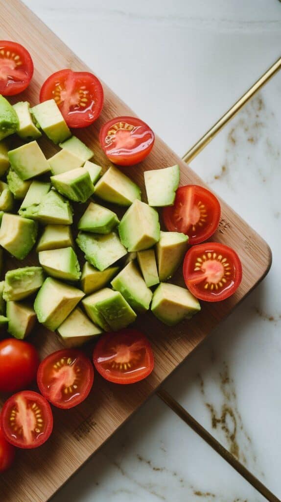 diced avocado and halved cherry tomatoes on a wooden cutting board. Clean cuts, vibrant colors.