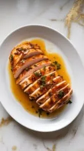 sliced chicken breast on a plate drizzled with thick bourbon glaze, garnished with parsley, with extra sauce pooled beneath