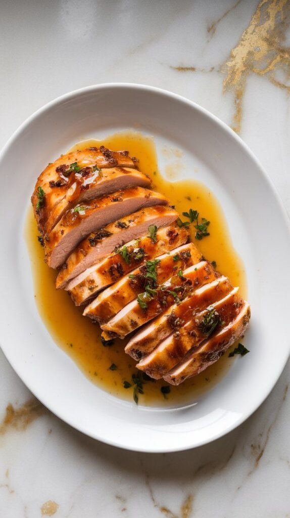 sliced chicken breast on a plate drizzled with thick bourbon glaze, garnished with parsley, with extra sauce pooled beneath