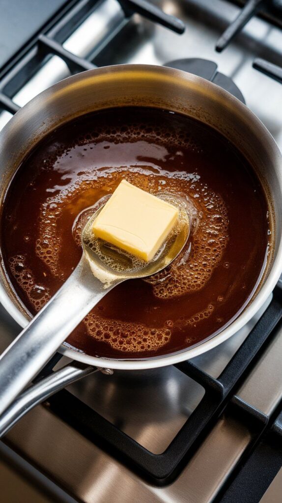 butter melting into the dark brown sugar bourbon sauce in the skillet, creating a shiny glaze.