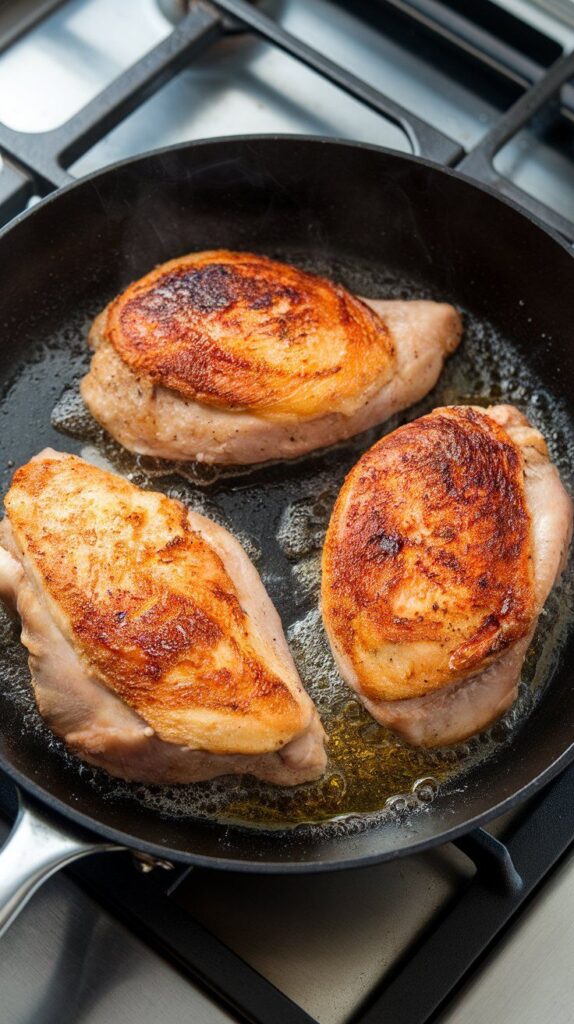 chicken breasts sizzling in a skillet with golden brown edges and bubbling oil around the edges.