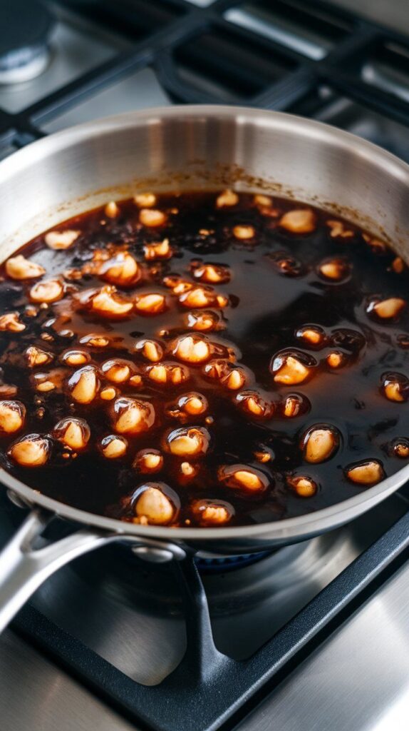 sauce in a skillet bubbling gently, with visible garlic pieces, brown sugar melting into the bourbon and soy sauce mix, turning glossy and dark