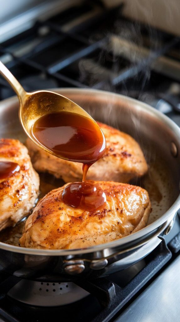 golden chicken breasts in the pan, being spooned over with glossy bourbon glaze, steam rising.