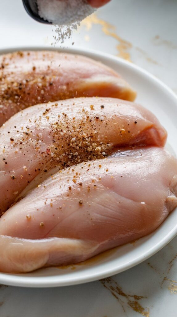 raw chicken breasts being seasoned with salt and pepper on a white plate, skin glistening slightly from moisture.