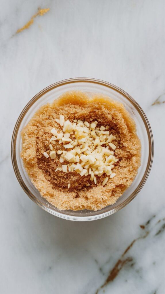 brown sugar and minced garlic in a small glass bowl, the sugar loose and golden, the garlic fresh and finely chopped.