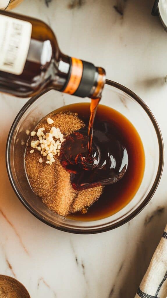 bourbon and sauces being poured into the bowl with brown sugar and garlic, creating a rich, dark marinade base.