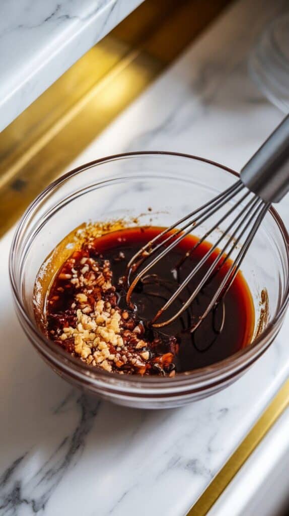 the marinade being whisked together, thick and glossy, with flecks of pepper and garlic visible throughout