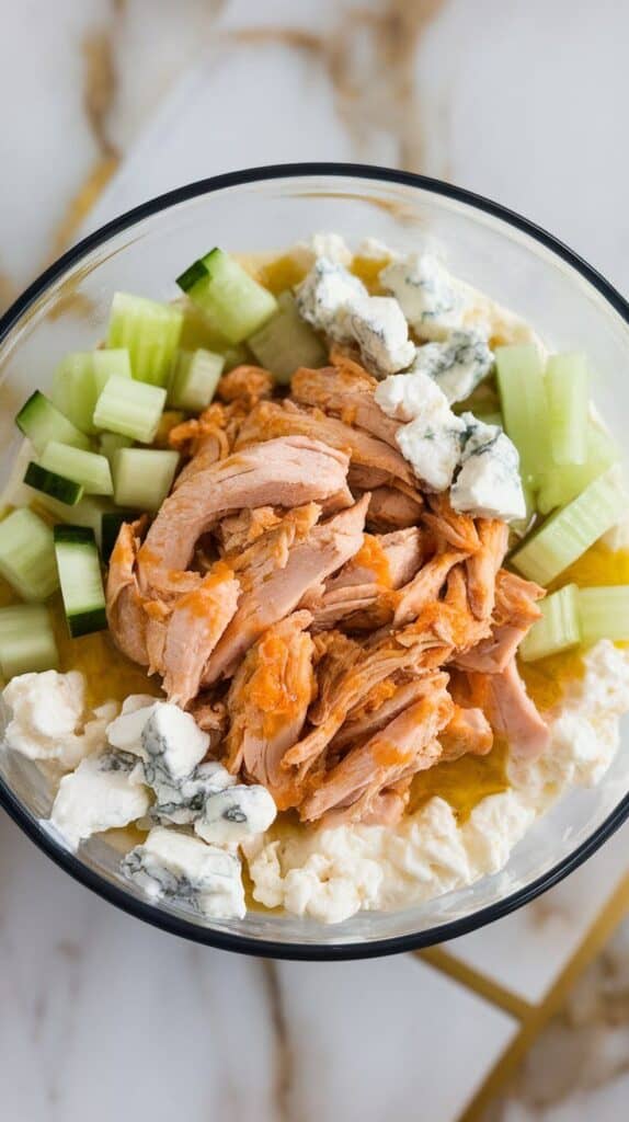 finished bowl with buffalo chicken, diced celery and cucumber, blue cheese crumbles, and a drizzle of olive oil.