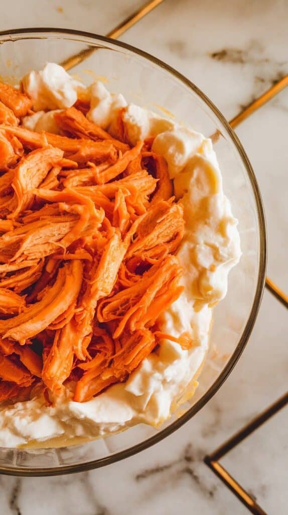 bright orange shredded buffalo chicken being layered on top of cottage cheese in a white bowl.