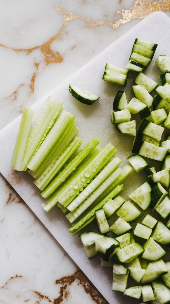 chopped celery and cucumber pieces on a cutting board, crisp and fresh with water droplets