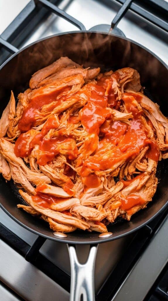 shredded cooked chicken coated in buffalo sauce heating in a non-stick skillet, steam rising slightly.