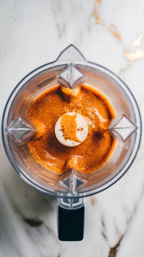 the sauce in a blender mid-blend, vibrant golden-orange with smooth texture forming, specks of seasoning visible