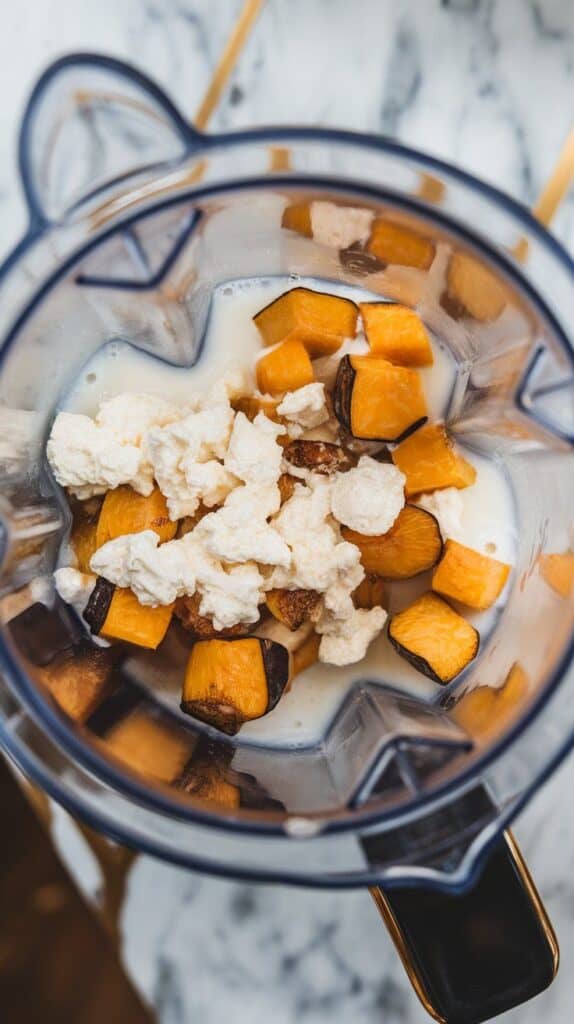 roasted squash, garlic, cottage cheese, and milk inside a blender before blending, showing chunky and creamy textures together.