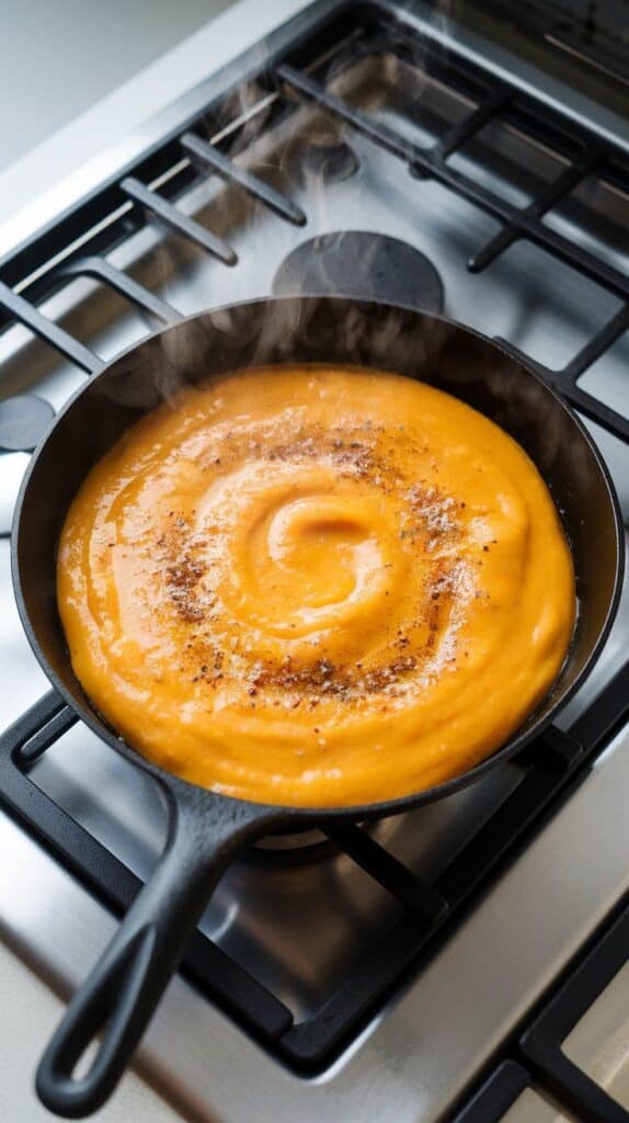 golden butternut squash sauce heating gently in a nonstick skillet, steam rising and surface just starting to bubble.