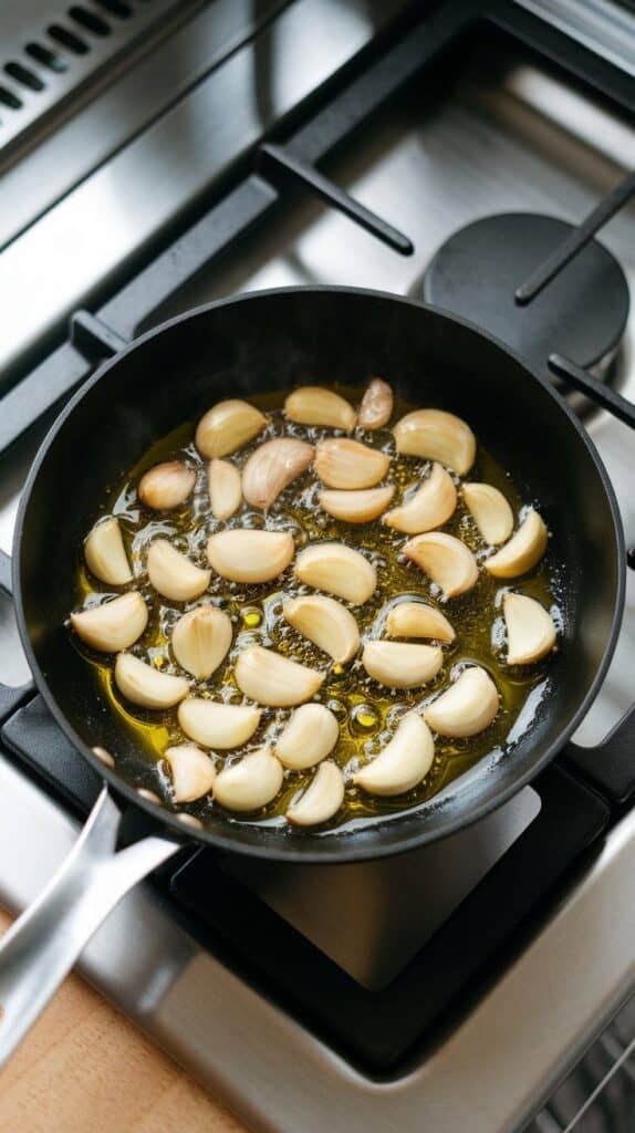 garlic sizzling in olive oil in a small skillet, light golden color with oil glistening. On a modern stainless steel gas stove.