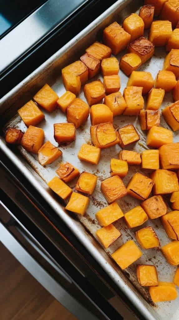 oasted butternut squash cubes on a baking sheet, edges slightly caramelized and soft.