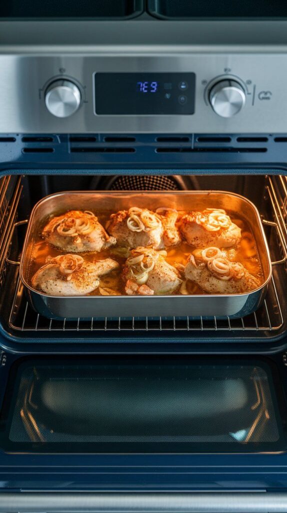 baking dish inside oven, chicken topped with onions bubbling in broth, halfway through cooking.