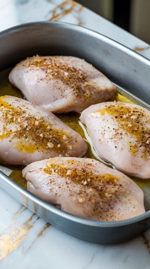 raw chicken breasts in a baking dish, drizzled with olive oil and sprinkled with garlic powder, salt, and pepper.