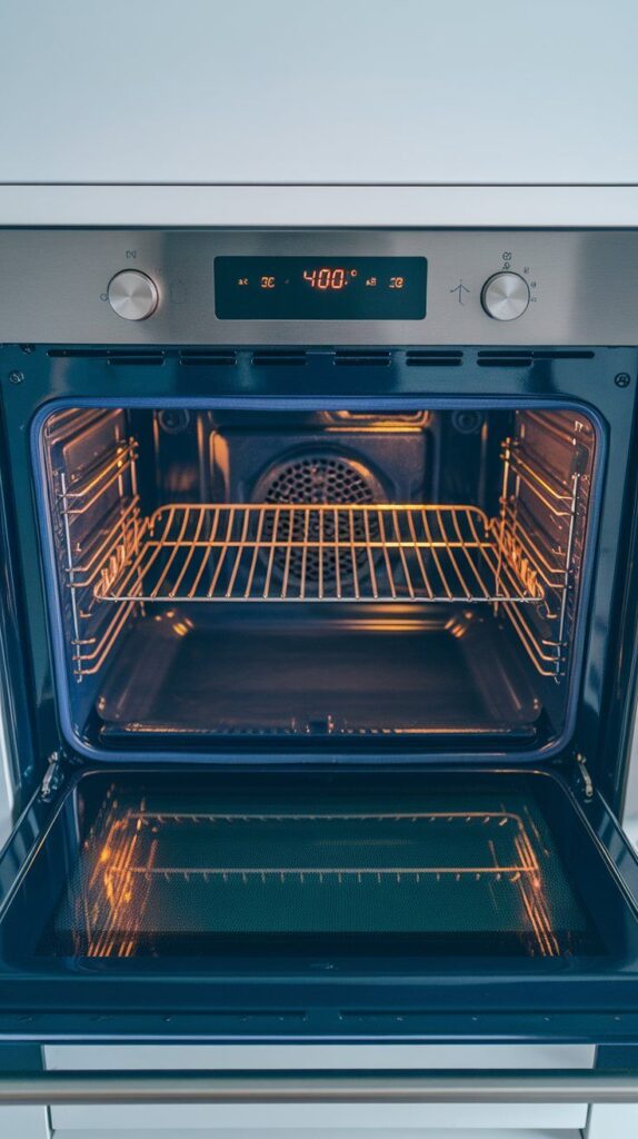 modern stainless steel oven set to 400°F, display panel glowing, with oven racks ready