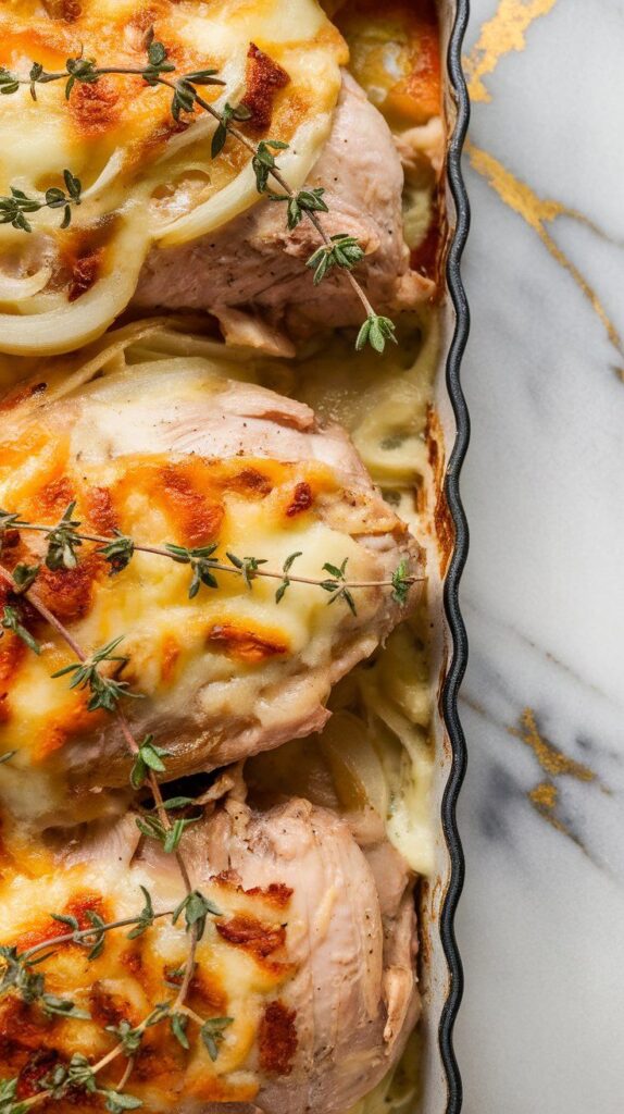 inished chicken bake garnished with fresh thyme, melted cheese slightly golden, onions glistening on top of juicy chicken.