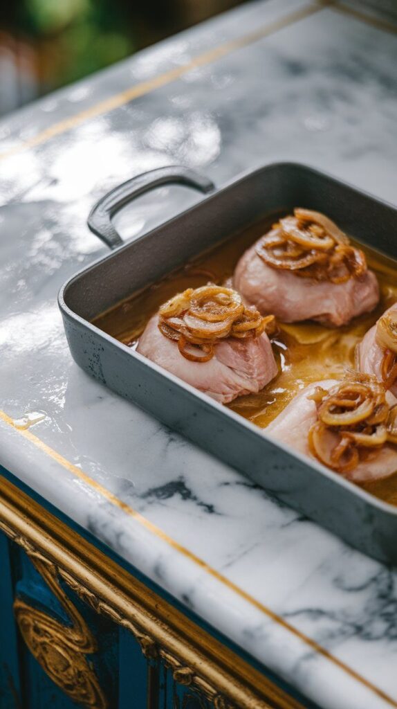 baking dish with raw chicken topped with caramelized onions and broth poured into the bottom, ready to go in the oven.
