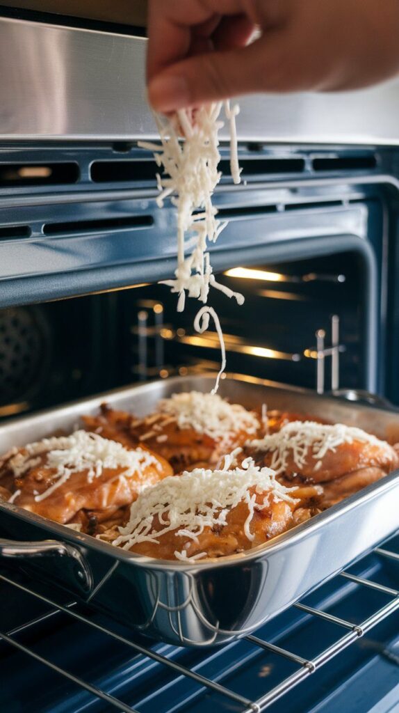 shredded mozzarella being sprinkled on top of the caramelized onion chicken in the baking dish.