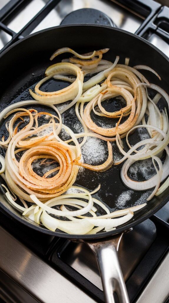 thinly sliced onions cooking down in a skillet with olive oil, salt, and sugar, turning golden and soft
