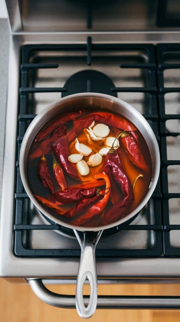 simmering pan with softened chiles and garlic in water, deep red broth forming. On a modern stainless steel gas stove.